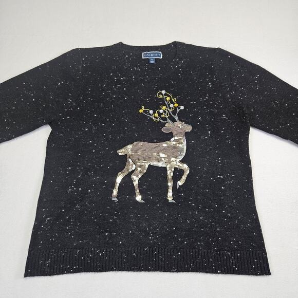 Karen Scott Womens XL Christmas Sweater Black Sequin Reindeer Holiday Party Fun - Picture 1 of 16